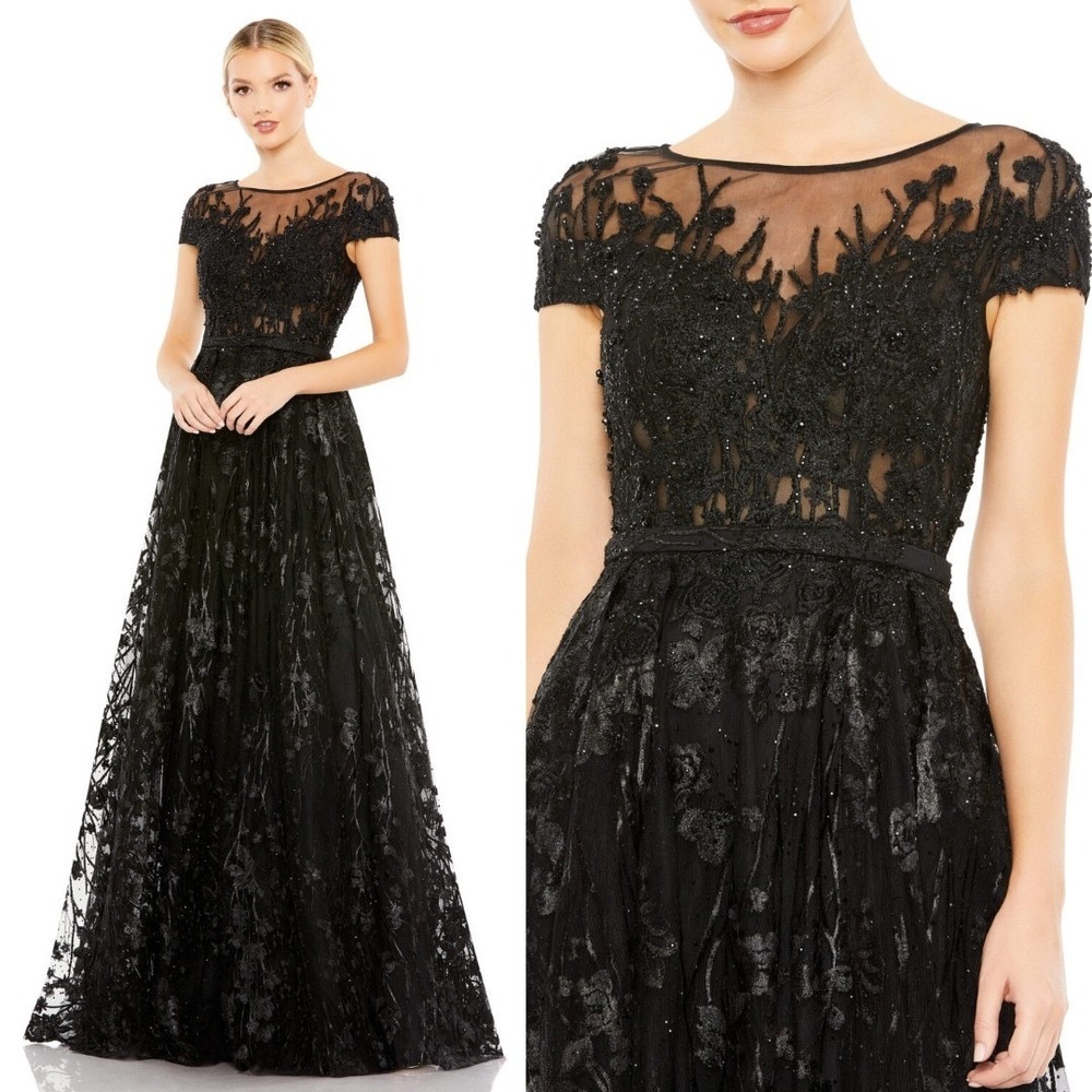 Mac Duggal Black Embellished Maxi Dress Floral Cap Sleeves Style# 20405 size 14